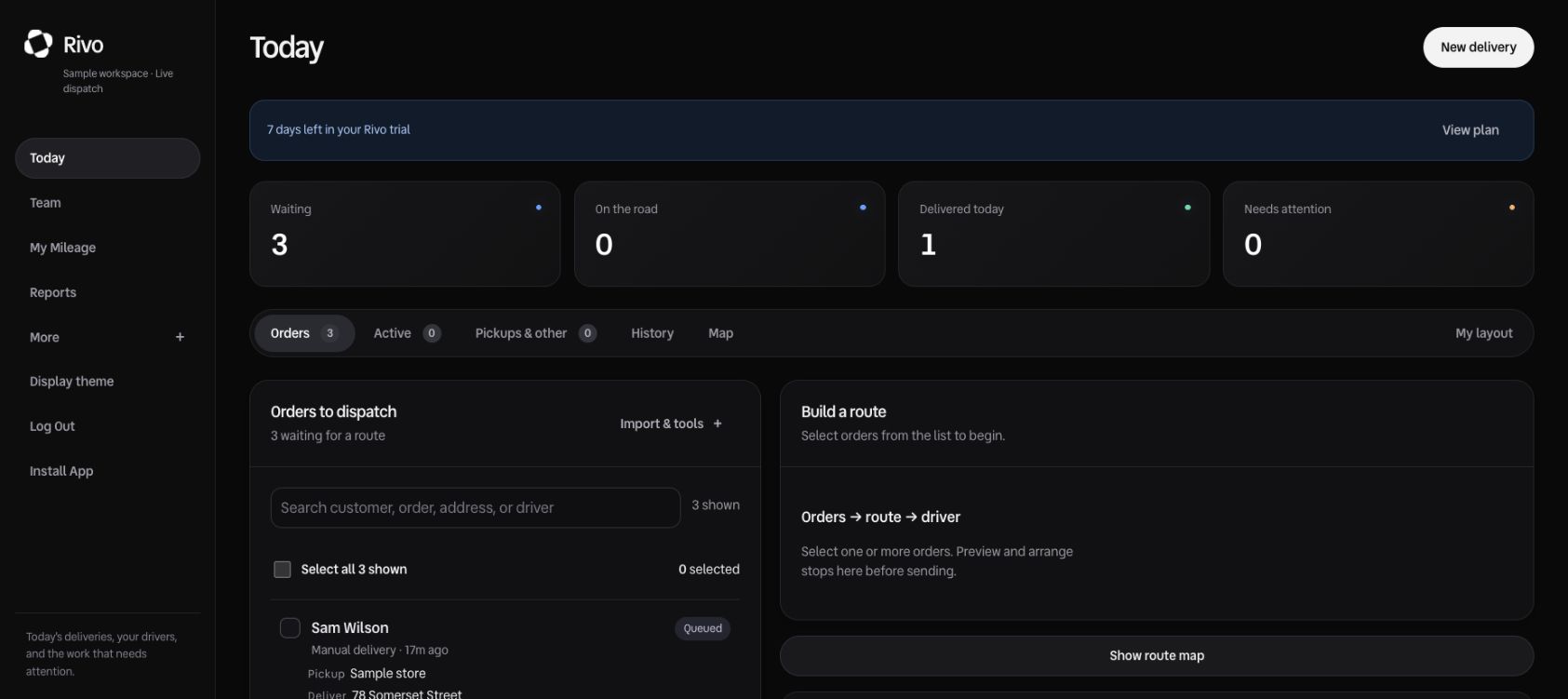 Current Rivo Today dashboard with sample delivery data, order queue, route preview and animated pinwheel branding