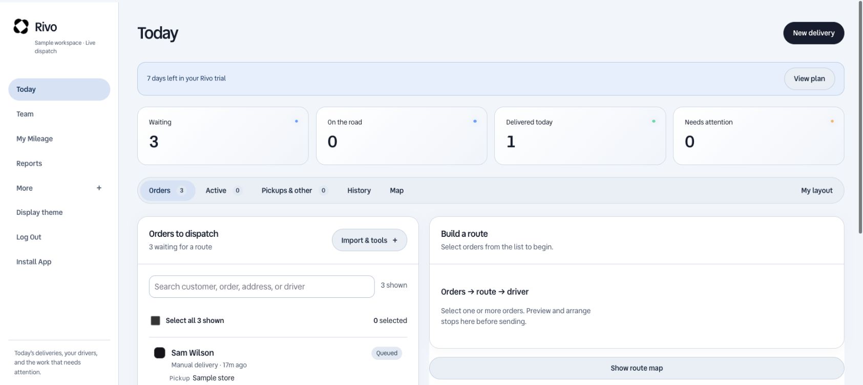 Rivo dispatch workspace showing the daily order queue, route preview and driver assignments